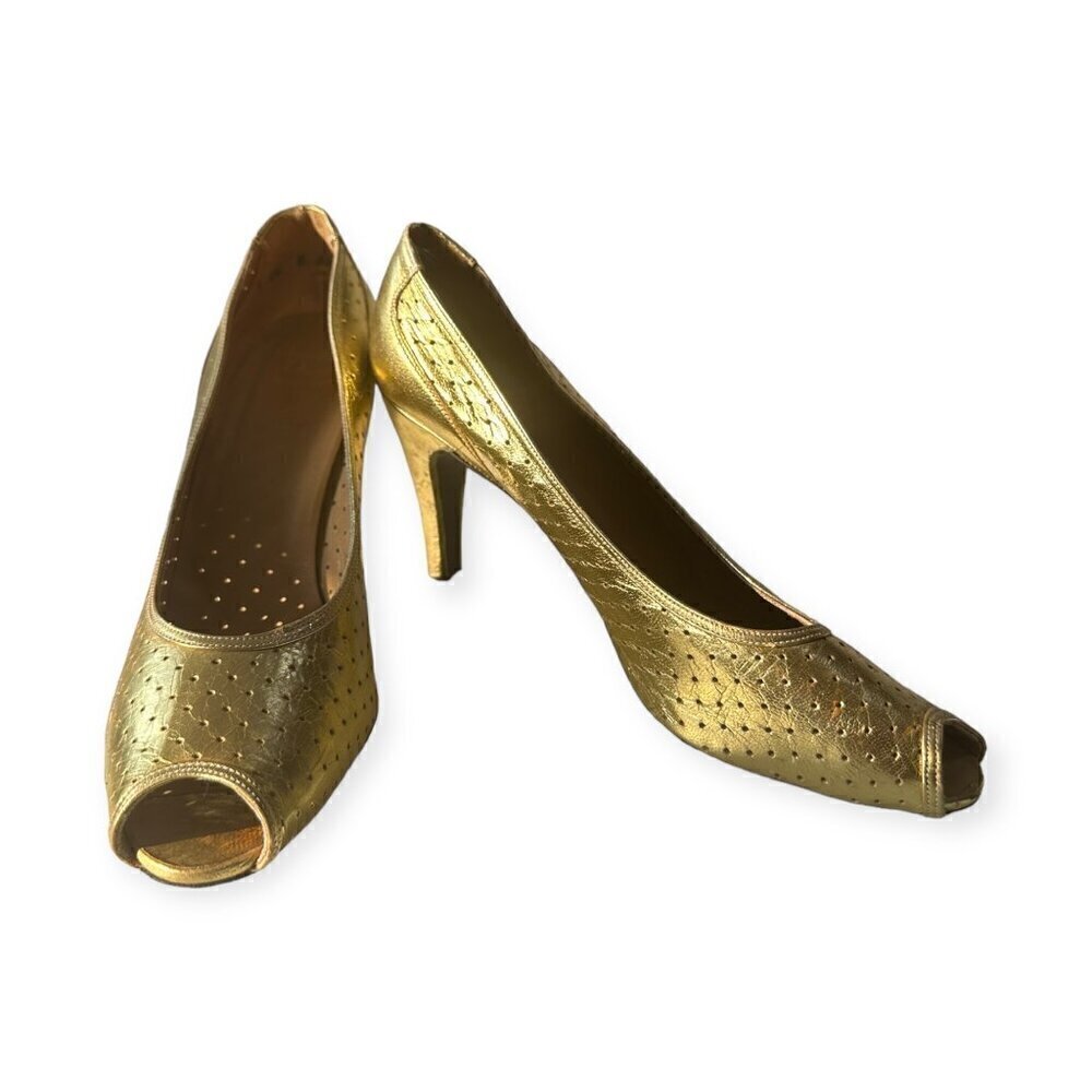 Vintage Christian Dior Souliers France Gold Open Toe Pumps, Size 6 1/2 B